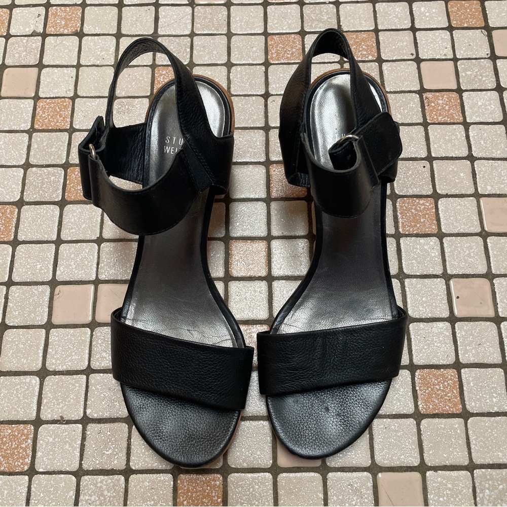 Stuart Weitzman Black Sandals Chunky Heel Sz 8